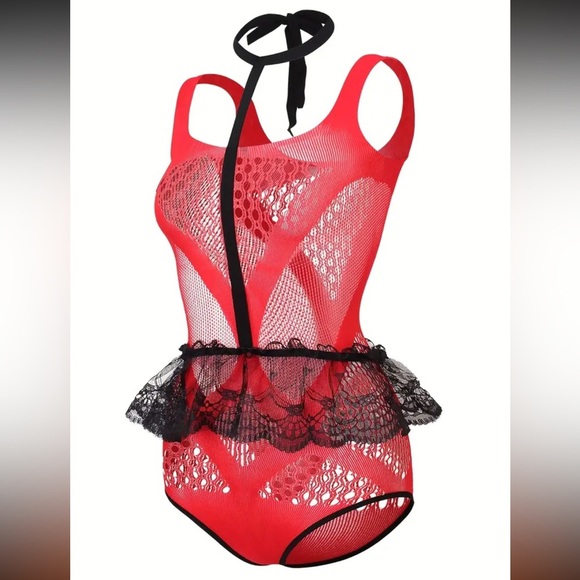Red & Black Hollow Out One-Piece Fishnet Teddy Bodysuit